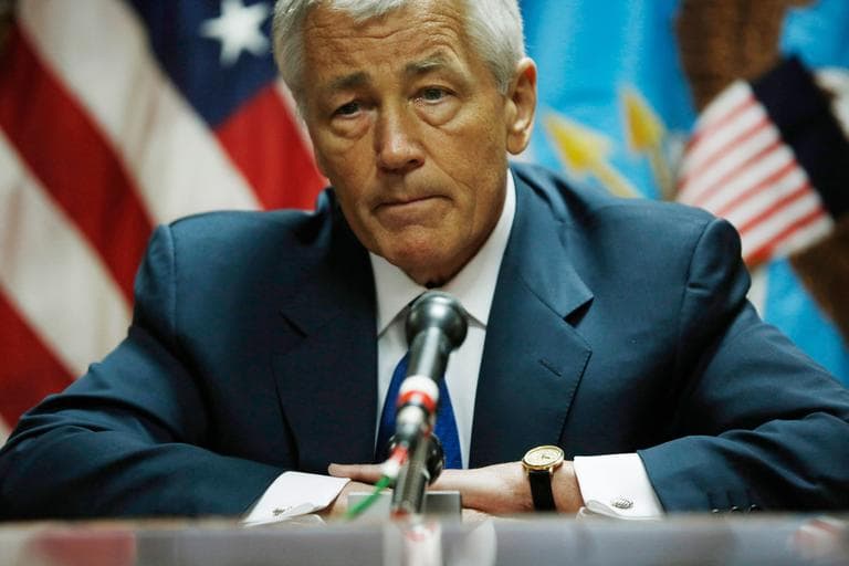 U.S. Secretary of Defense Chuck Hagel listens to the press following his meeting with Afghanistan's President Hamid Karzai in Kabul, Afghanistan, Sunday, March 10, 2013. It is Hagel's first official trip since being sworn-in as Obama's Defense Secretary. (Jason Reed/AP, Pool)