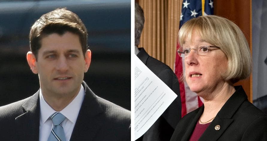 House Budget Committee Chairman Rep. Paul Ryan, left, arrives at the White House for a lunch with the president on March 7, 2013.  At right, Senate Budget Committee Chair Sen. Patty Murray is pictured at a press conference on Feb. 28, 2013. (AP)