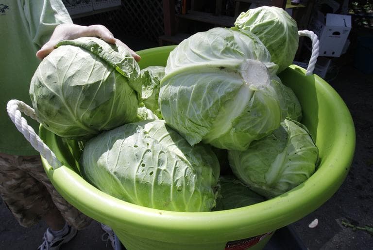 Heads of cabbage are stacked in a basket prior to being packaged at a farm stand in Dracut, Mass., in July 2010. (Charles Krupa/AP)