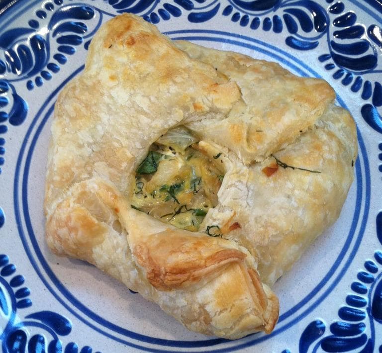 Kathy's &quot;Greek-Style Cabbage with Caramelized Onion Dill Crostada.&quot; (Kathy Gunst/Here &amp; Now)