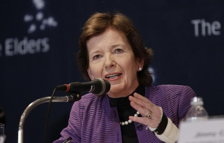 Former Irish President Mary Robinson answers reporters' questions in Seoul, South Korea, following a trip to North Korea in April 2011. (Lee Jin-man/AP)