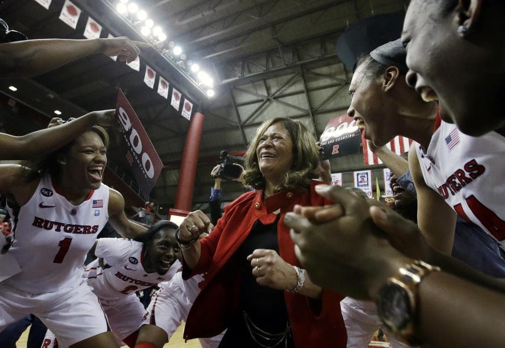 It took the Rutgers women’s basketball team a couple of tries, but the Scarlet Knights eventually got Coach Vivian Stringer her 900th victory. (Mel Evans/AP)