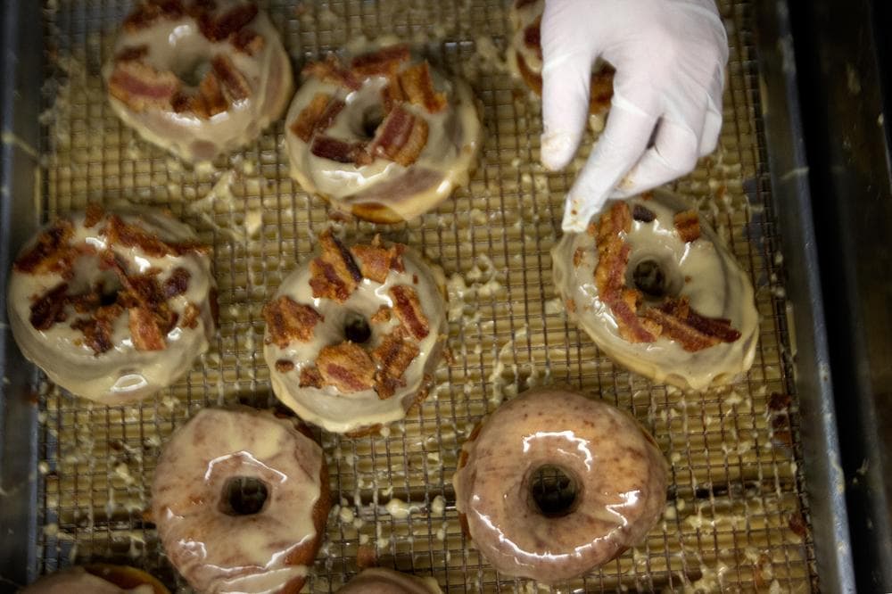 The maple bacon doughnut is the shop's most expensive and most popular flavor. (Jesse Costa/WBUR)