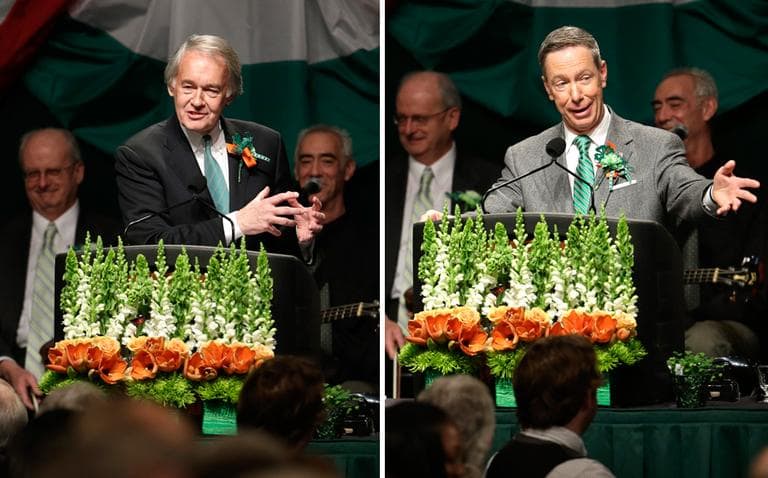 U.S. Reps. Edward Markey and Stephen Lynch joke with the crowd during the annual St. Patrick's Day breakfast in South Boston, Sunday, March 17, 2013. (Steven Senne/AP)