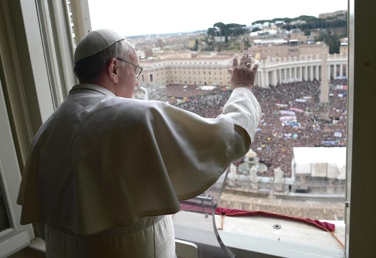 In this photo provided by the Vatican paper L'Osservatore Romano, Pope Francis delivers his Angelus prayer from the window of his studio overlooking St. Peter's Square, at the Vatican, Sunday, March 17, 2013. (L'Osservatore Romano/AP)
