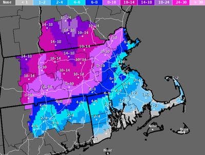 National Weather Service snowfall forecast, as of 5:20 a.m. Monday.