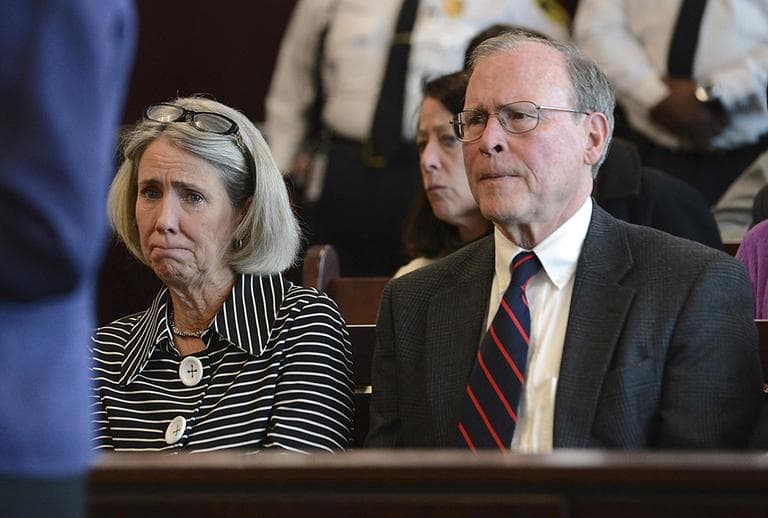 Mary Dunne and Malcolm Astley, parents of Lauren Astley, listen as prosecutor Lisa McGovern asks for a life sentence for Nathaniel Fujita, who was found guilty of first-degree murder in the July 2011 death of Lauren Astley, his former girlfriend. (Ken McGagh/MetroWest Daily News/AP Pool)