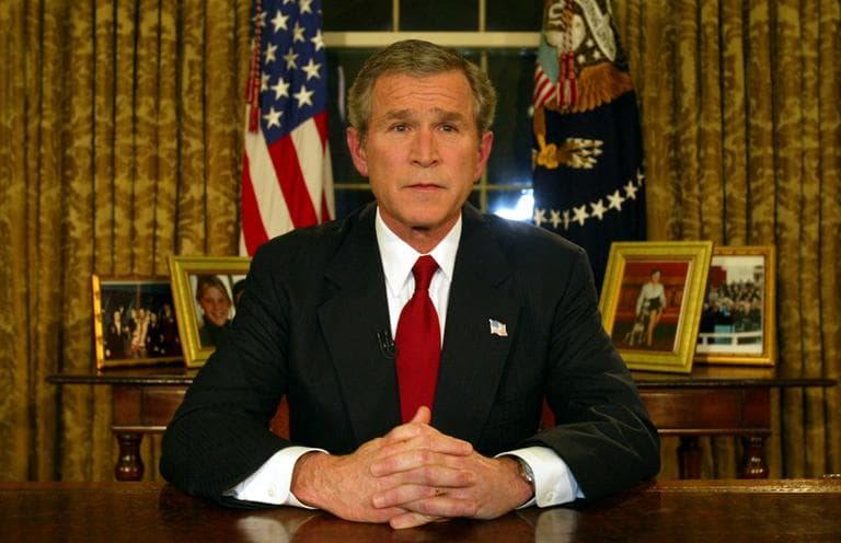 President Bush is seen in the Oval Office, Wednesday night, March 19, 2003, following his address to the nation. Bush spoke after the U.S. military struck with cruise missiles and precision-guided bombs against a site near Baghdad. (Rick Bowmer/AP)
