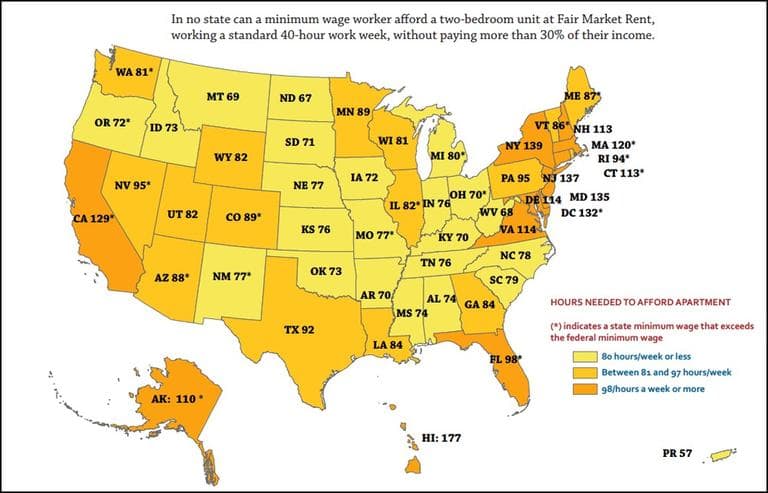 In Massachusetts, minimum wage earners would have to work 120 hours per week to afford a two-bedroom apartment (Courtesy National Low Income Housing Coalition)