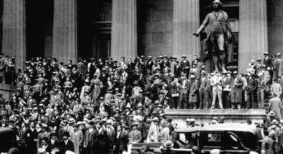 People gather outside of the New York Stock Exchange in New York on &quot;Black Thursday,&quot; Oct. 24, 1929. Thousands of investors lost their savings in the worst stock market crash in Wall Street history on Oct. 29, 1929, after a five-day frenzy of heavy trading. (AP)