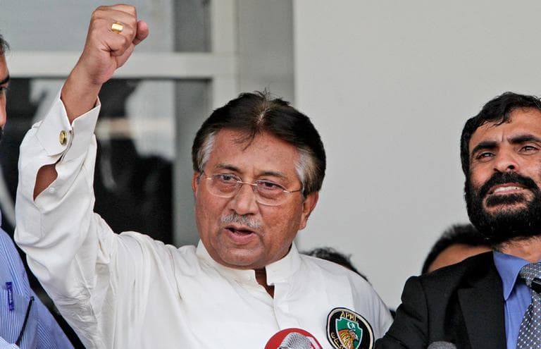 Former Pakistani President Pervez Musharraf, gestures upon his arrival to the Karachi airport, Pakistan, Sunday, March 24, 2013. Musharraf returned to Pakistan on Sunday after more than four years in exile, seeking a possible political comeback in defiance of judicial probes and death threats from Taliban militants. (Shakil Adil/AP)
