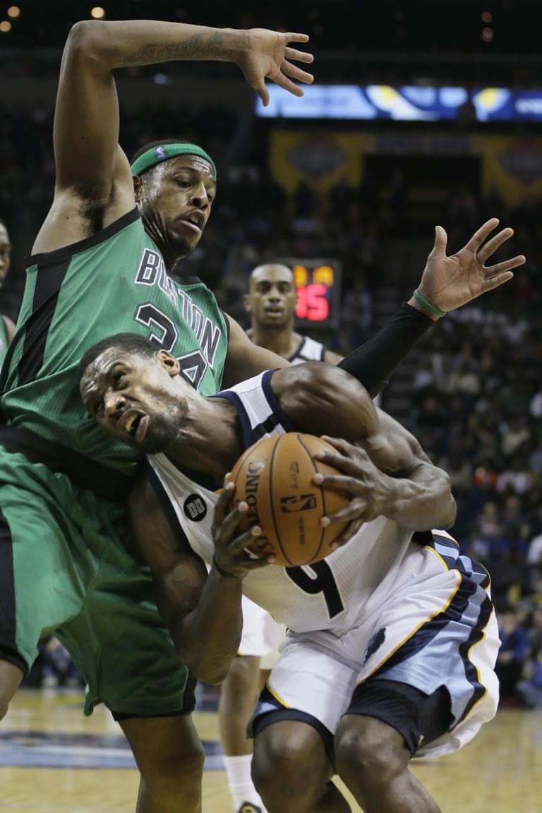 Celtics' Paul Pierce defends against Grizzlies' Tony Allenduring the second half of an NBA basketball game in Memphis Saturyda night. (Danny Johnston/AP)