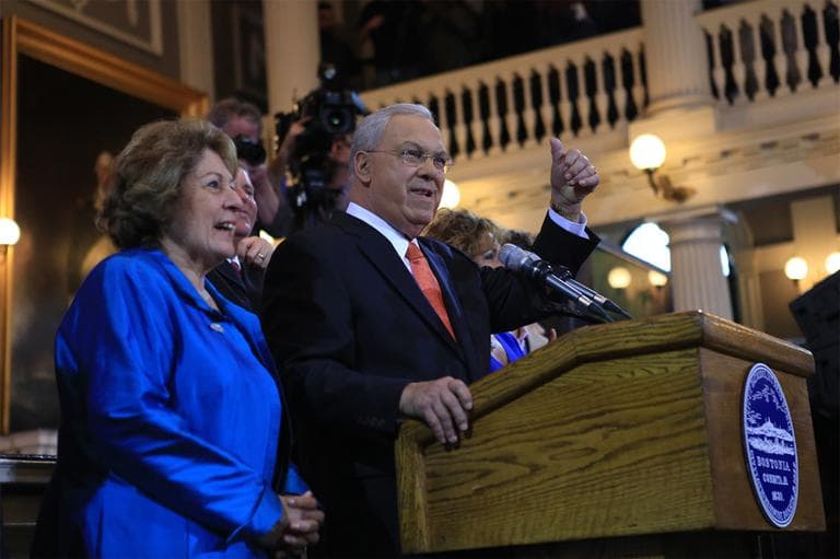 Boston Mayor Thomas Menino announces that he won't seek re-election for an unprecedented sixth term at Faneuil Hall in Boston Thursday. (Jesse Costa/WBUR)