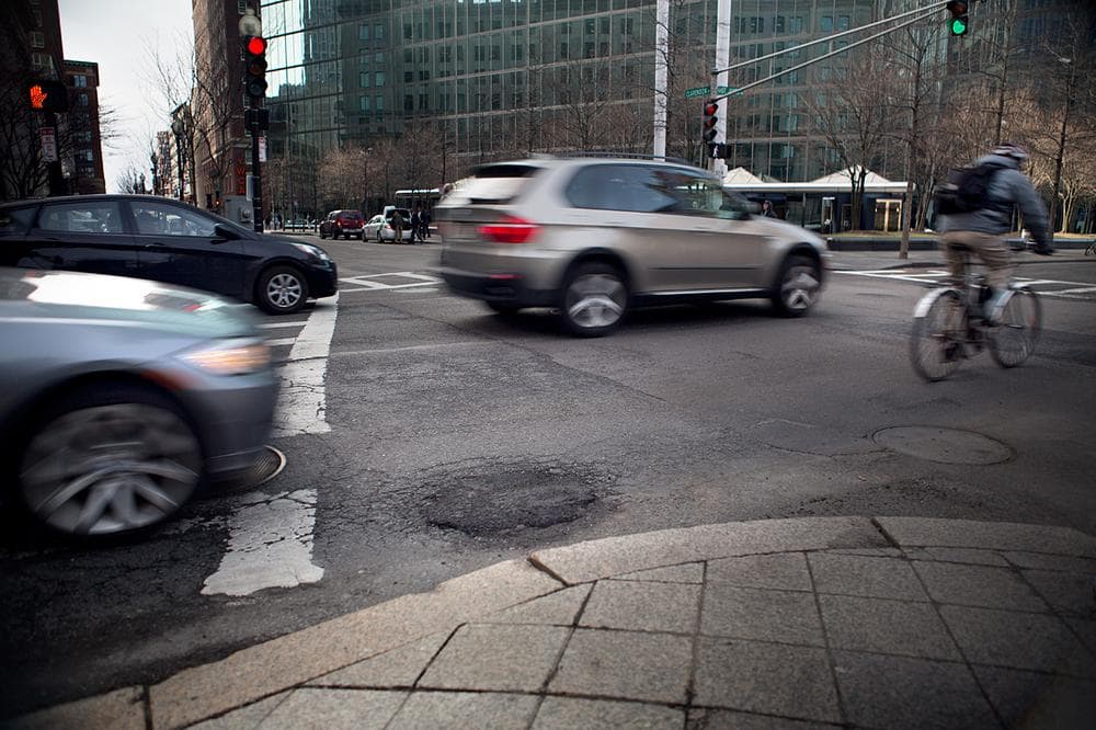 A fixed pothole on the corner of St. James and Clarendon streets in the Back Bay. (Jesse Costa/WBUR)
