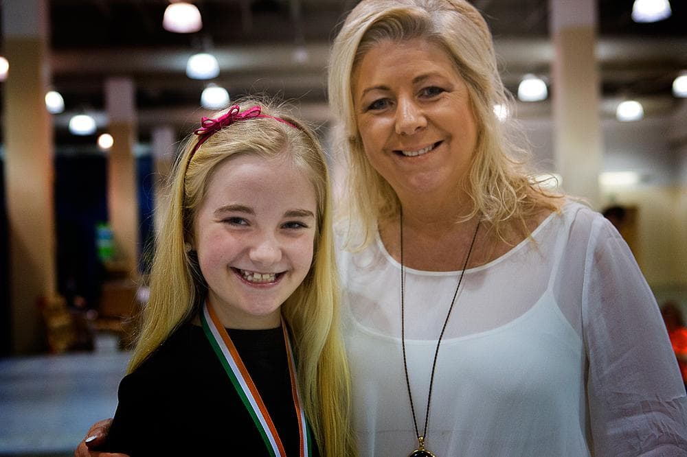 Michelle Higgins-Wyse, dance instructor at Higgins Academy with her daughter Natasha 11, who placed 29th in her age group during this year’s completion in Boston. (JesseCosta/WBUR)