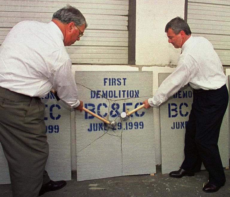Menino, left, and then-Mass. Gov. Paul Cellucci marked the first step toward construction of the Boston Convention &amp;amp; Exhibition Center project site in Boston on June 29, 1999. (Gail Oskin/AP)
