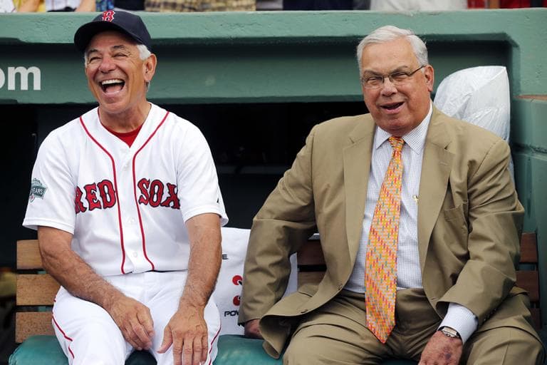Mayor Menino jokes with former Boston Red Sox manager Bobby Valentine before a baseball game in July 2012. (Michael Dwyer/AP)