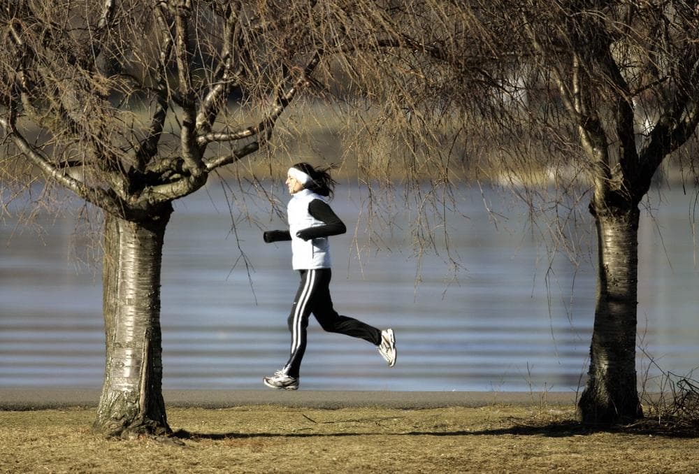 A woman jogs along a partially-frozen Charles River in Boston. (AP Photo/Michael Dwyer)