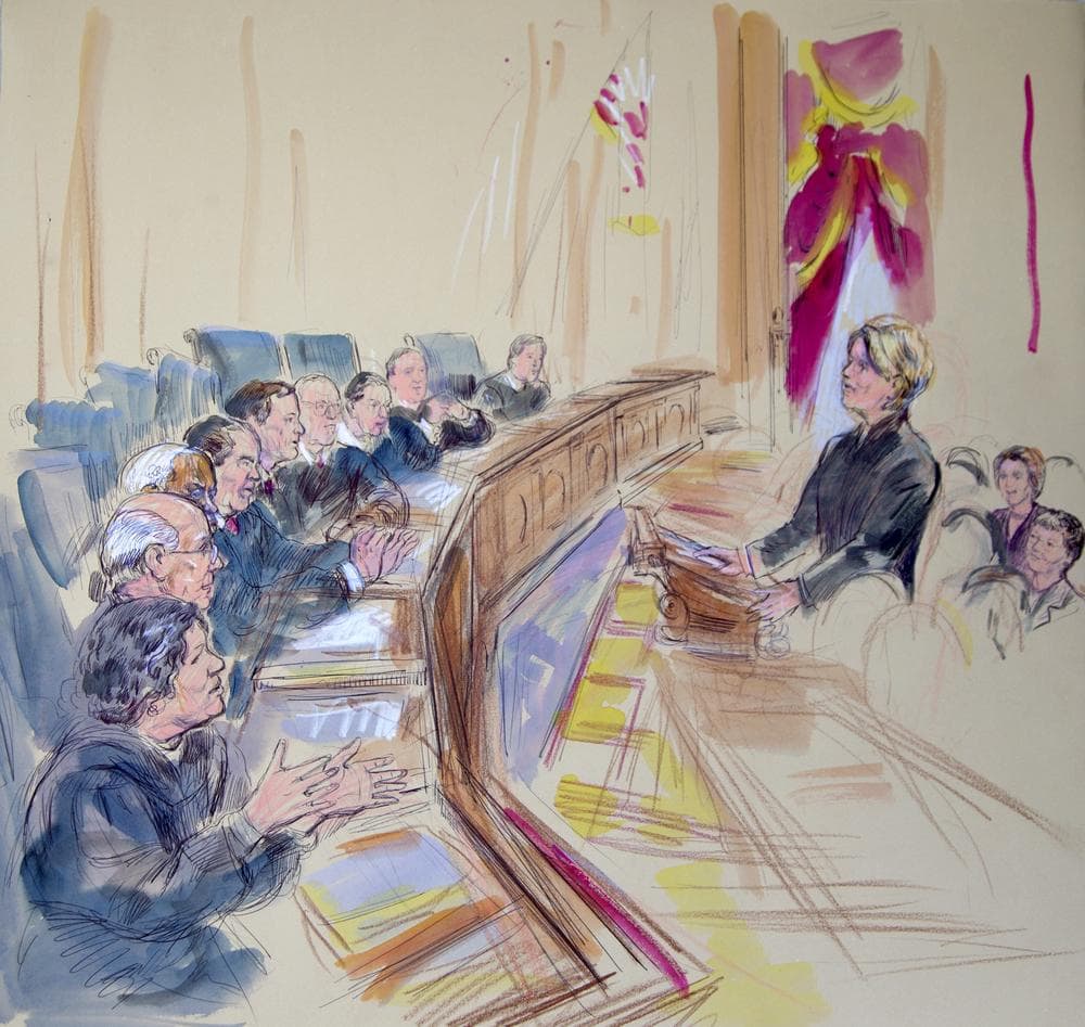 This artist rendering shows Roberta Kaplan, attorney for plaintiff Edith Windsor, addressing the Supreme Court in Washington, Wednesday, March 27, 2013, as the court heard arguments on the Defense of Marriage Act. (DOMA).  Justices, from left are, Sonia Sotomayor, Stephen Breyer, Clarence Thomas, Antonin Scalia, Chief Justice John Roberts, and Justices Anthony Kennedy, Ruth Bader Ginsburg, Samuel Alito and Elena Kagan. (AP Photo/Dana Verkouteren)