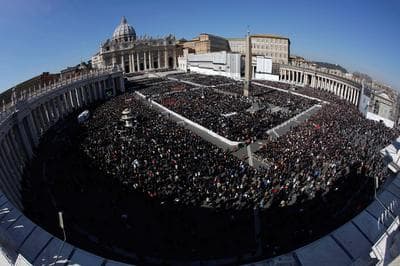 A view of the crowd in St. Peter's Square during Pope Benedict XVI's last general audience in St. Peter's Square, at the Vatican, Wednesday, Feb. 27, 2013. Benedict XVI basked in an emotional sendoff Wednesday at his final general audience in St. Peter's Square, recalling moments of &quot;joy and light&quot; during his papacy but also times of great difficulty. He also thanked his flock for respecting his decision to retire. (AP Photo/Andrew Medichini)