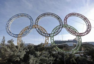 Olympic rings for the 2014 Winter Olympics are installed in the Black Sea resort of Sochi, southern Russia, late Tuesday, Sept. 25, 2012. With the Winter Olympics a year away, IOC President Jacques Rogge praised Sochi organizers on Wednesday, Feb. 6, 2013 and defended the $51 billion price tag. (AP Photo/Ignat Kozlov))