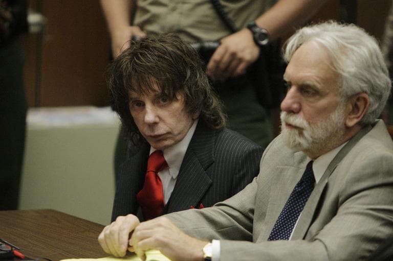 Music producer Phil Spector, left, and his attorney Dennis Riordan appear in a courtroom for Spector's sentencing in Los Angeles, Friday, May 29, 2009. (AP)