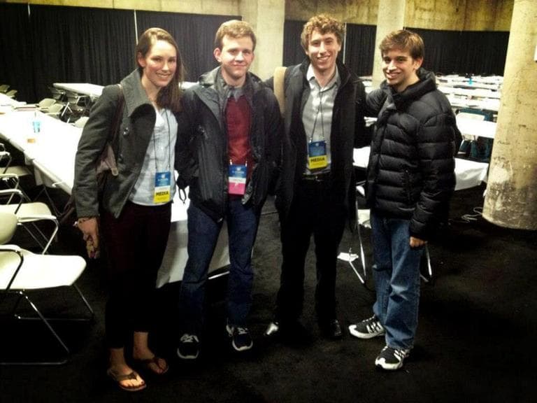 The Crimson sports staff in the media room at EnergySolutions Arena.