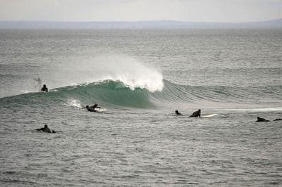 Surfers congregate at Stoney Point, considered the best surfing spot on the Great Lakes. (Bob Tema)