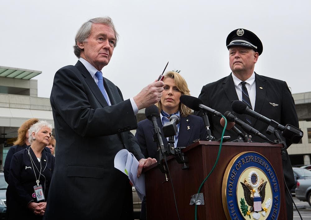 Joined by flight attendants and police at a news conference Tuesday, U.S. Rep. Edward Markey urged the TSA not to implement a new policy that would allow passengers to carry small knives onto planes. (Jesse Costa/WBUR) 