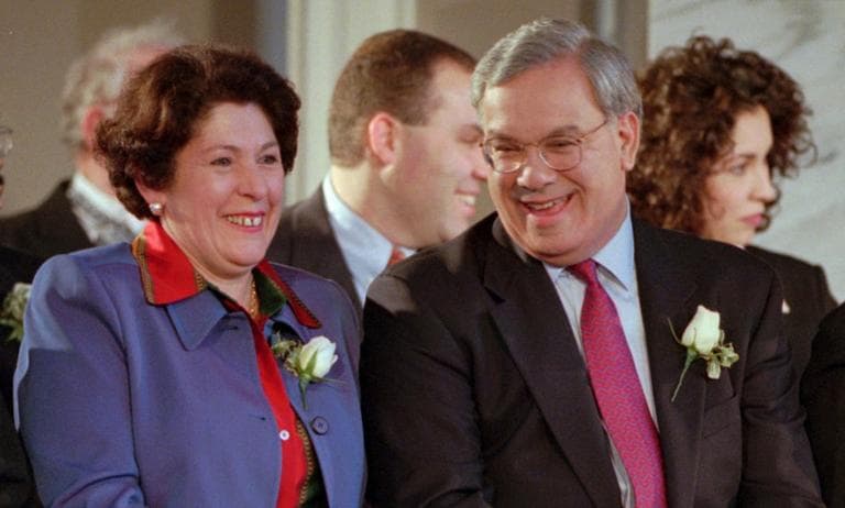 Boston Mayor Thomas Menino laughs with his wife Angela, during swearing-in ceremonies on Jan. 5, 1998 at Boston's historic Faneuil Hall, to begin Menino's second-term as mayor of Boston. (Victoria Arocho/AP)