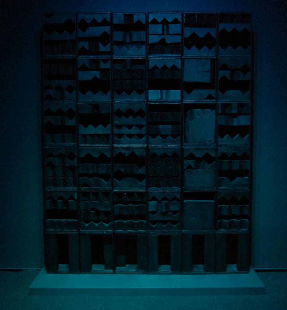 Louise Nevelson's &quot;Luminous Zag,&quot; 1971, in blue light at the Davis Museum. (Greg Cook)