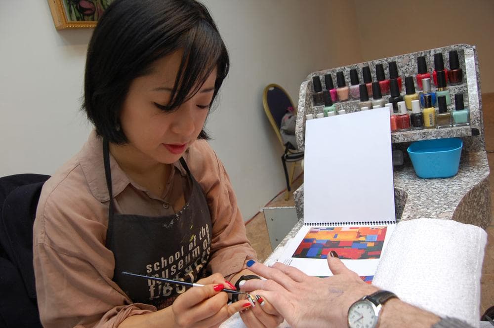 Victoria Shen recreates a Hans Hofmann painting with nail polish. (Greg Cook)
