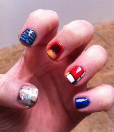 For Sarah Knight, Shen painted a selection featuring (from left) Ellsworth Kelly, Mark Rothko, Piet Mondrian, Yves Klein and, on her thumb, Jackson Pollock. (Sarah Knight photo)