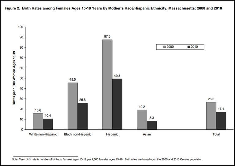 Teen birth rate by race/ethnicity, comparing 2000 to 2010 (DPH report)