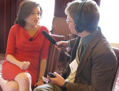 WBUR's Curt Nickisch interviews Sheryl Sandberg Friday at the NEVCA event. (Courtesy)