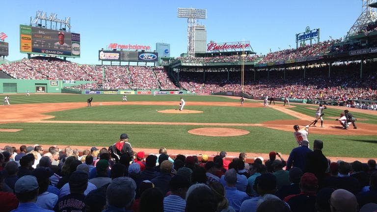 The Red Sox play the Baltimore Orioles in the first inning of their home opener. (Jesse Costa/WBUR)
