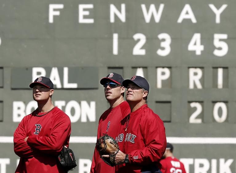 Boston Red Sox manager John Farrell, right, watches batting practice with pitchers John Lackey, center, and Jon Lester prior to their baseball game against the Baltimore Orioles at Fenway Park in Boston Monday, April 8, 2013. (Winslow Townson/AP)