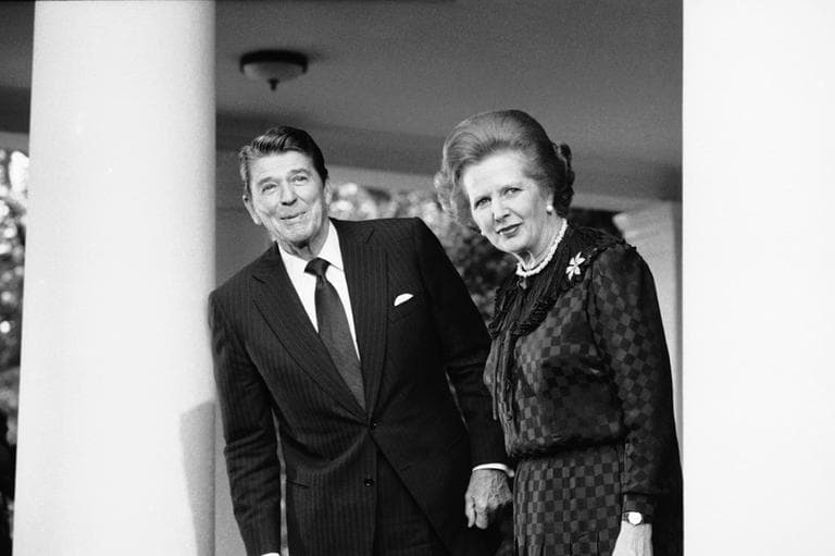 President Ronald Reagan and British Prime Minister Margaret Thatcher speak to reporters at the White House in Washington,  June 23, 1982. (AP)