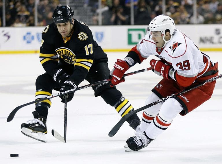 Carolina Hurricanes&#039; Patrick Dwyer and Bruins&#039; Milan Lucic battle for the puck. (AP)
