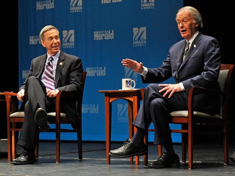 U.S. Reps. Stephen Lynch, left, and Edward Markey participate in a Democratic candidates debate at UMass Lowell on Monday night. (Christopher Evans/Boston Herald/AP, Pool)