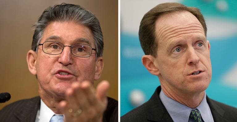 Sen. Joe Manchin, D-W.Va. (left) and Sen. Pat Toomey, R-Pa. have struck a bipartisan deal on expanding background checks to more firearms purchases. (AP)