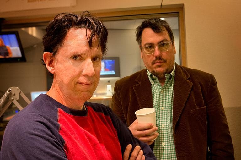 Why do these men look so upset? They had a lot of fun with us! John Linnell (left) and John Flansburgh are They Might Be Giants. (Jesse Costa/WBUR)