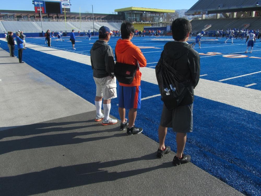 Head Coach Hitoshi Aoki (left) watches a recent Boise State practice with players Aro Kondo (middle) and Eiichi Rokukawa. (Scott Graf/OAG)
