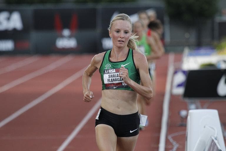 Distance runner Shalane Flanagan races during the 10,000 meter race in the U.S. track and field championships in Eugene, Ore., Thursday, June, 23, 2011.  Flanagan won with a time of 30 minutes, 59.97 seconds.(Don Ryan/AP)