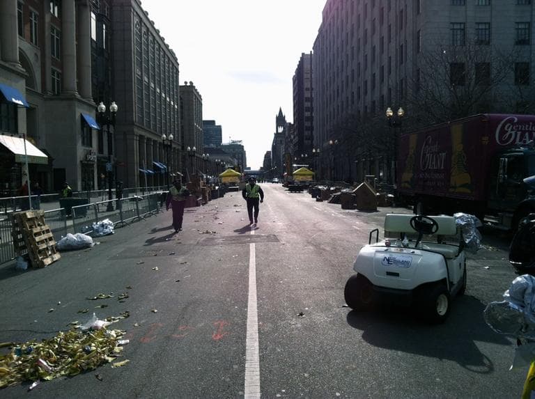 Boylston Street and Berkeley Street, the aftermath of the explosion. (Steve Brown/WBUR)
