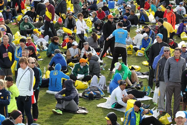 Runners gather at the athletes village prior to the start of the 117th running of the Boston Marathon, in Hopkinton, Mass., Monday, April 15, 2013. (Sew Milne/AP)