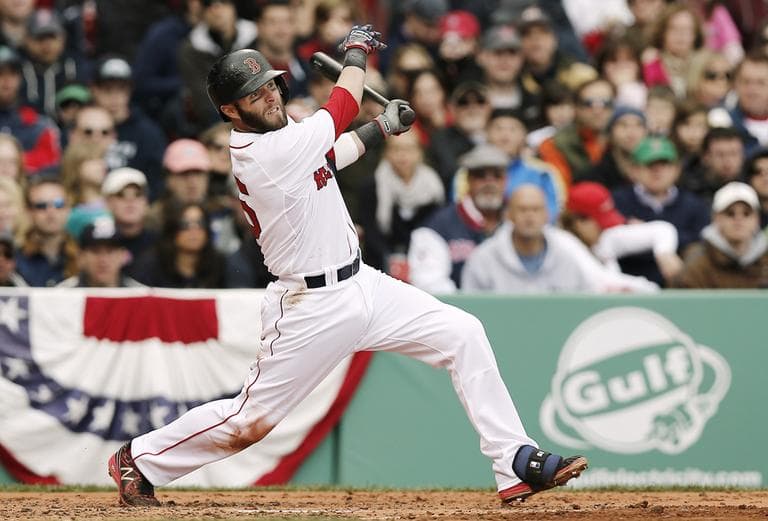 Dustin Pedroia follows through on a hit against the Tampa Bay Rays during the third inning. (AP)