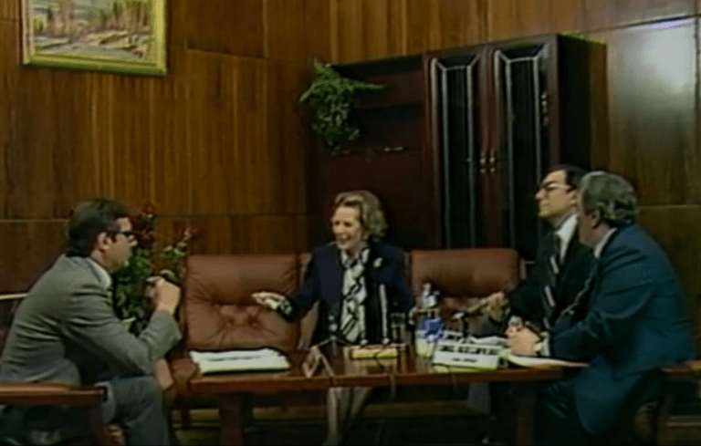 Margaret Thatcher (center) is pictured in a screenshot from a combative but uncensored interview with Soviet Union state television 1987. (BBC)