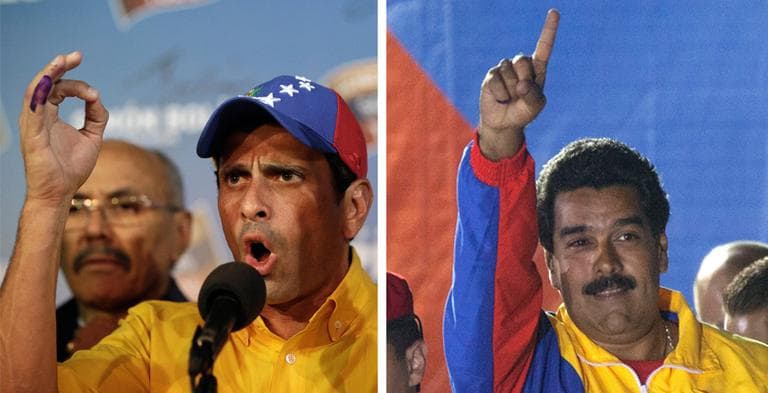 Venezuela's opposition presidential candidate Henrique Capriles, left, is demanding a recount after Sunday's election. At right, Venezuela's newly elected President Nicolas Maduro celebrates his victory. (AP)
