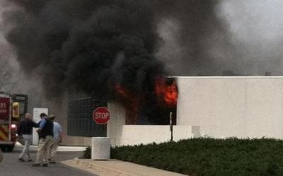 The fire at the John F. Kennedy Library in Dorchester, which broke out around the same time as the explosions at the Boston Marathon. (@fr33man95/Twitter)